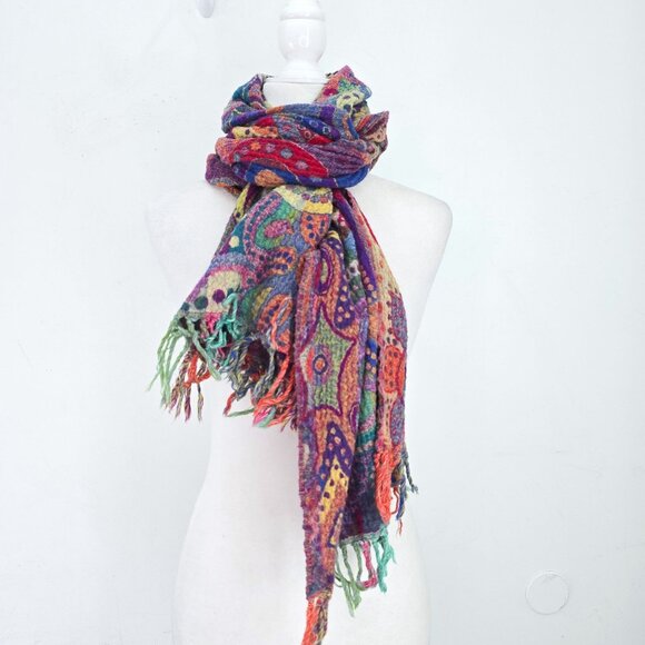 Unisex Rectangular Scarf Wrap Fringe Colorful Artsy Art to Wear - Picture 5 of 5